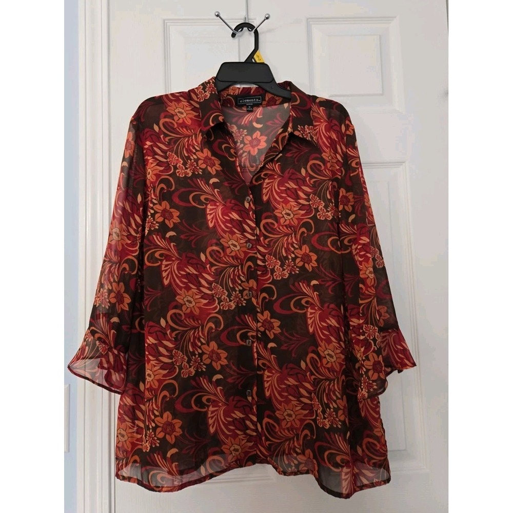 New Elementz Woman Multi Print Button Down Shirt Plus Size 1X Shear